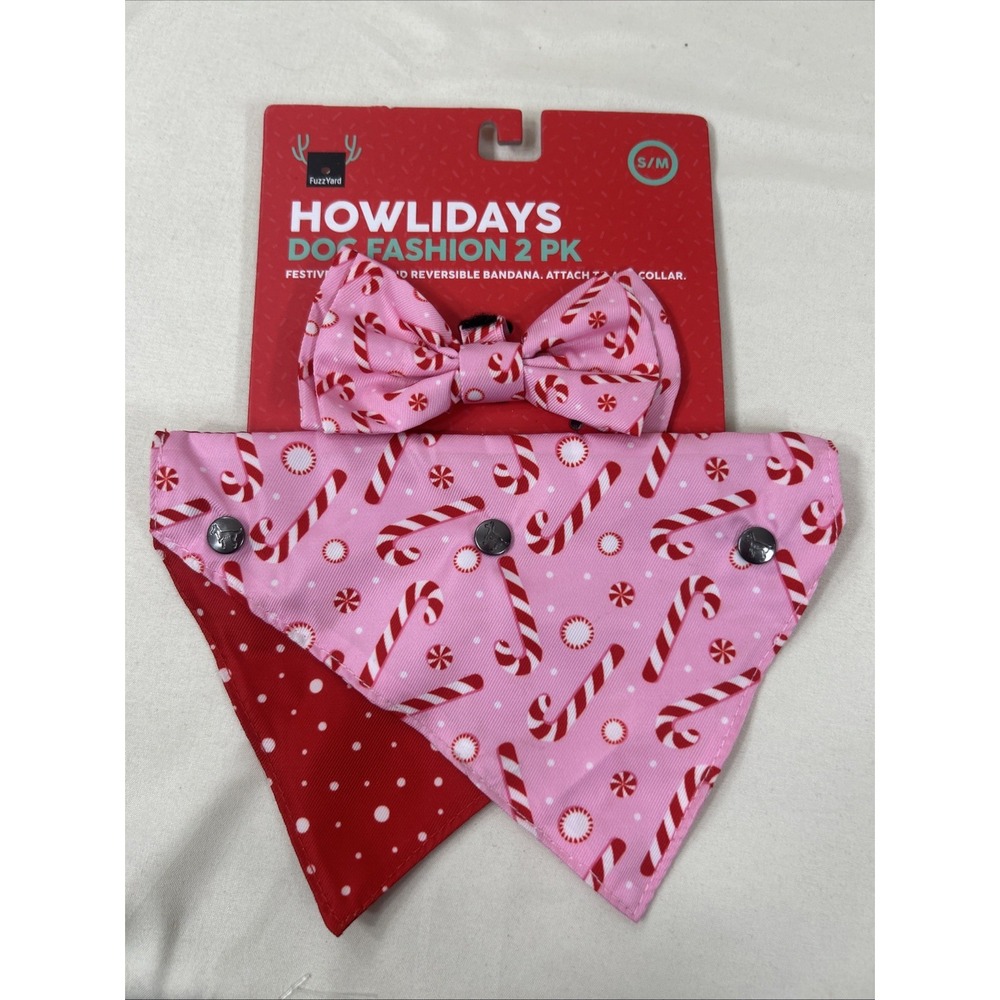 Holidays Dog Fashion 2 Pack Festive Bow Tie & Reversible Bandana S/M Candy Cane